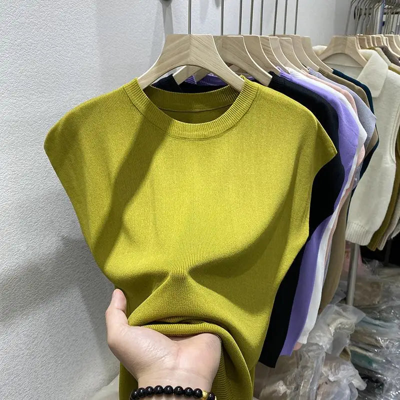 Women's T-shirt Summer O Neck Knitted Fashion Woman Blouse 2026 Short Sleeve Tees Solid Color Ice Silk Oversized T-shirt Women