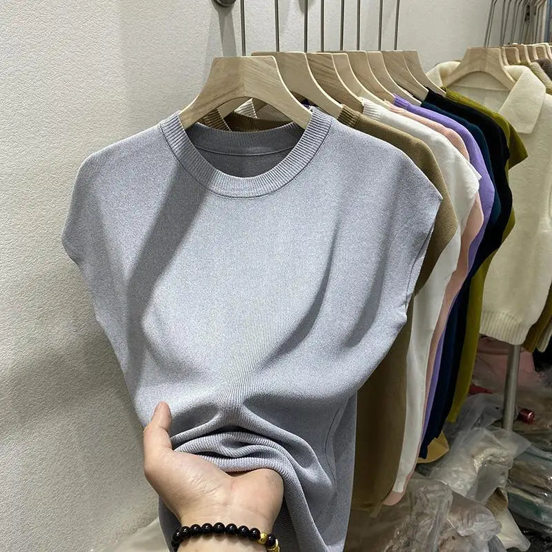 Women's T-shirt Summer O Neck Knitted Fashion Woman Blouse 2026 Short Sleeve Tees Solid Color Ice Silk Oversized T-shirt Women