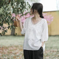 THHOEN Plus Size Fashion Woman Blouse Cotton Linen Casual Blusa Mujer Camisas Women's Clothing Summer Embroidery V-Neck Vintage