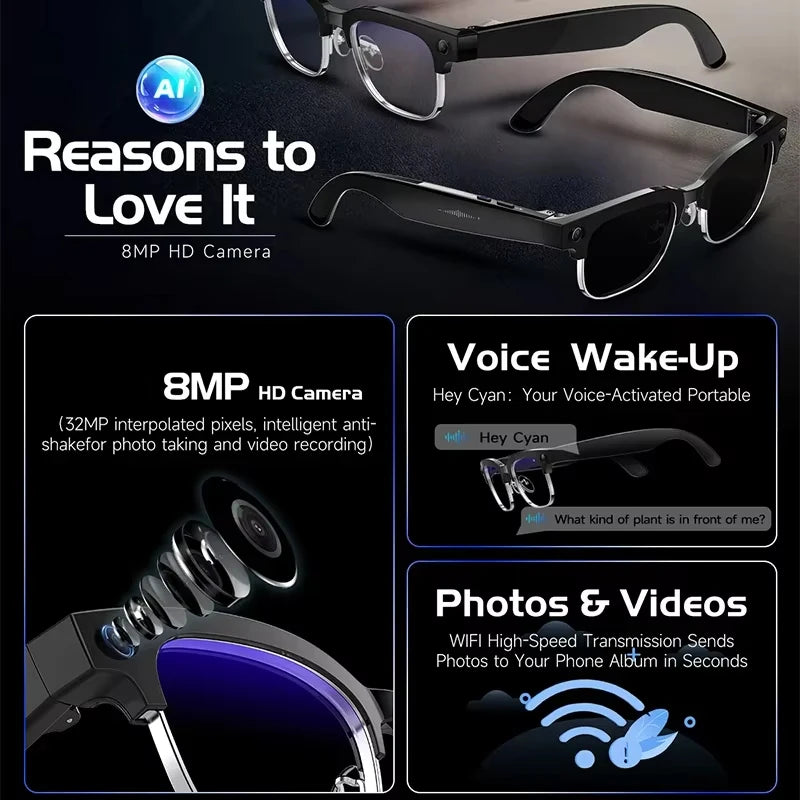 2026 New Smart Glasses with AI Intelligent Q&A Photography Recording Intelligent Translation 800W Camera Bluetooth Smart Glasses