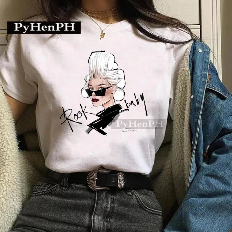Fashion Girl T Shirt  A Stylish European and American Style Printed T-shirt Is A Great Summer Casual Friend for Women