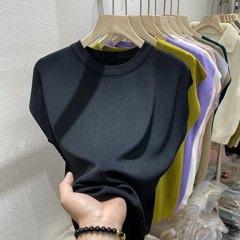 Women's T-shirt Summer O Neck Knitted Fashion Woman Blouse 2026 Short Sleeve Tees Solid Color Ice Silk Oversized T-shirt Women