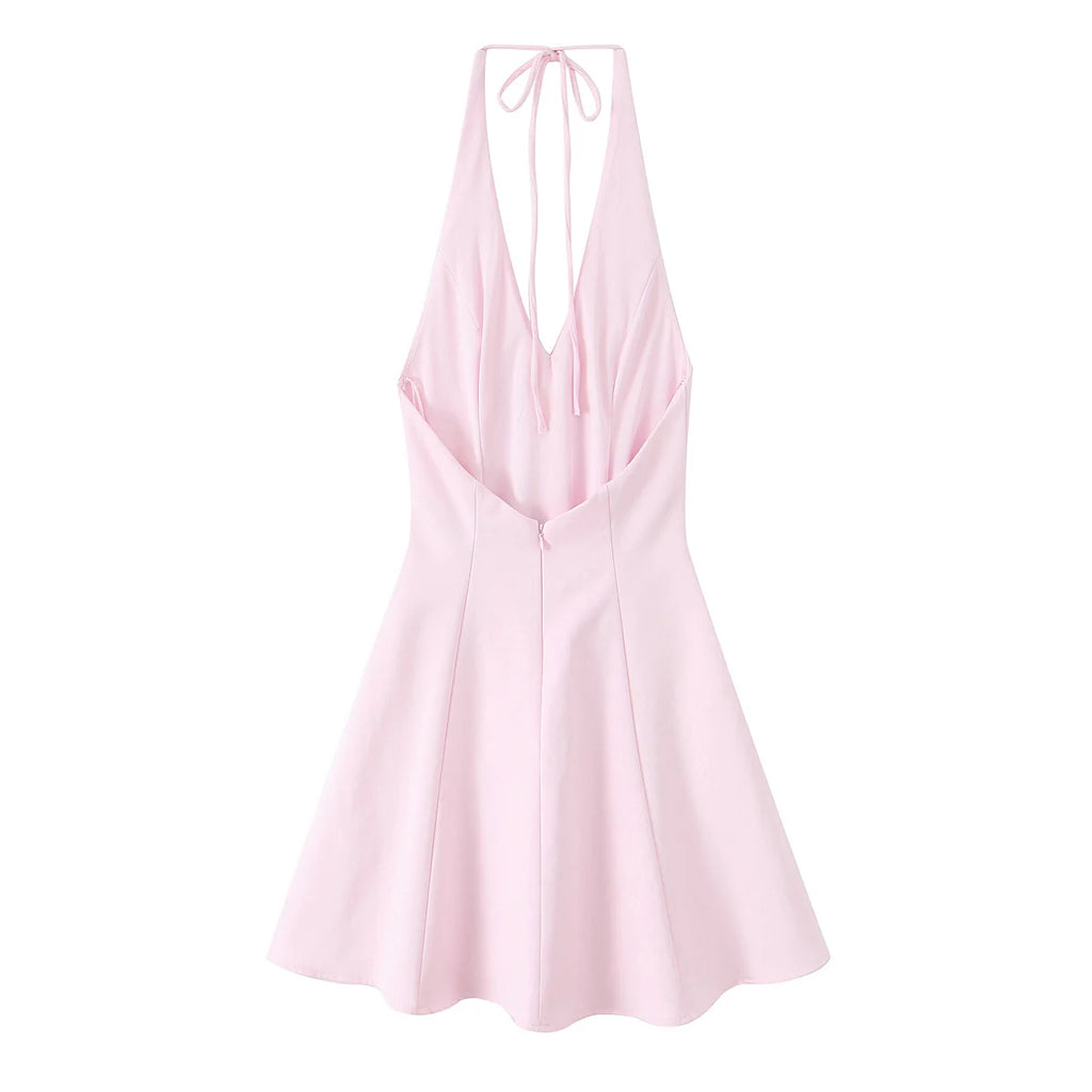 HH Women Summer Sexy V-Neck Sleeveless Backless Party Dress New Fashion Woman Solid Rear Zipper Pleated Short Dress Mujer