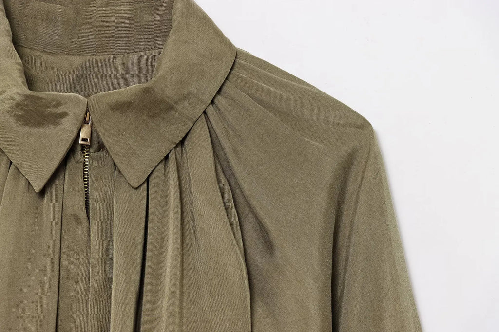 HH 2025 Fashion Woman Casual Zipper Design Solid Coat Spring Women Lapel Bat Sleeve Pleated Design Loose Jacket Top Mujer