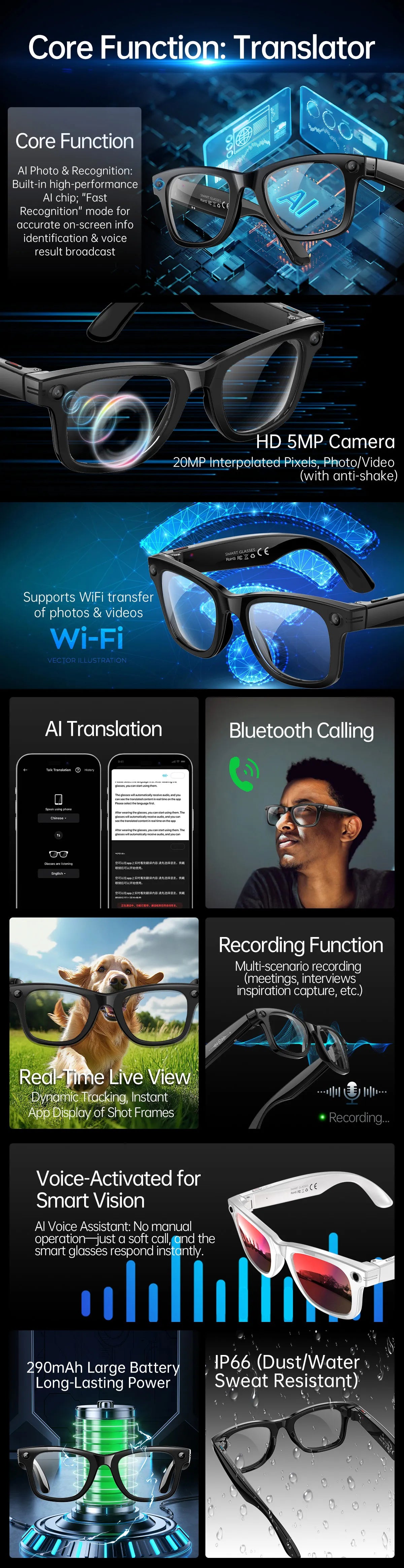 AI 5 Million Pixels Smart Glasses Recording Videos Photo Recognition Answer Translation 290mAh IP66 Waterproof Bluetooth Glasses