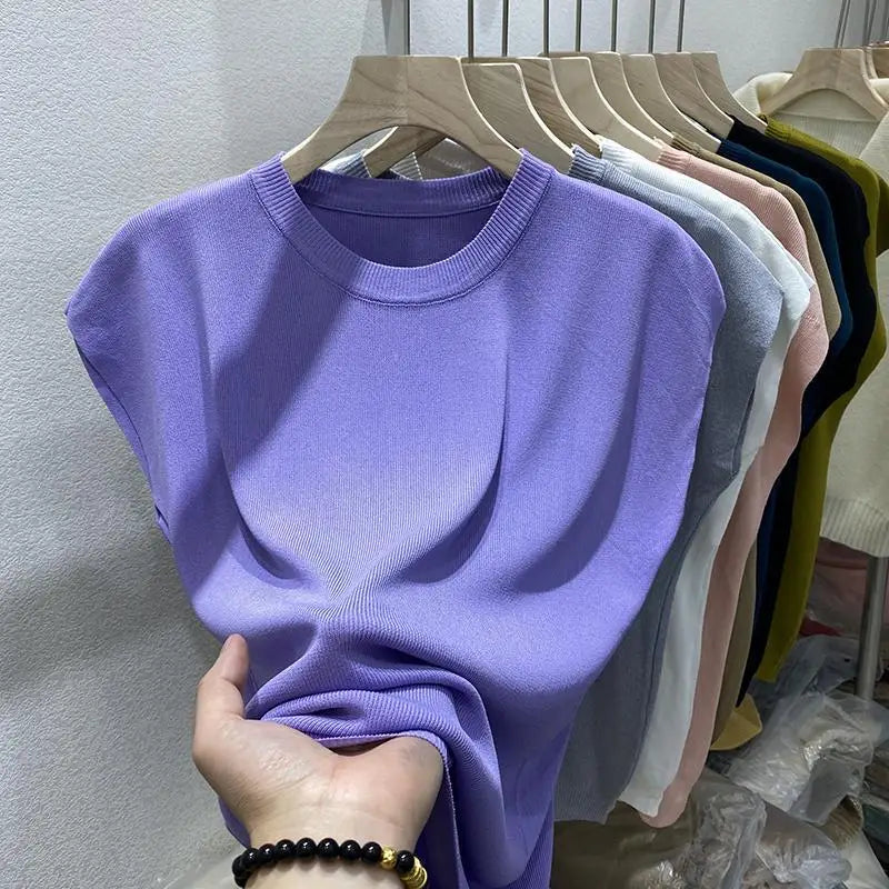 Women's T-shirt Summer O Neck Knitted Fashion Woman Blouse 2026 Short Sleeve Tees Solid Color Ice Silk Oversized T-shirt Women